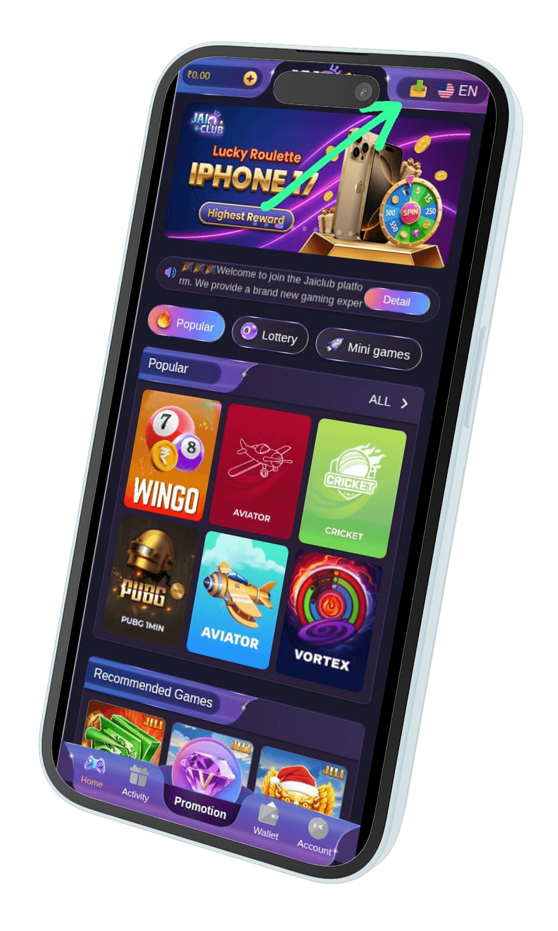 Jai Club app lobby — homepage with wallet balance and Download icon
